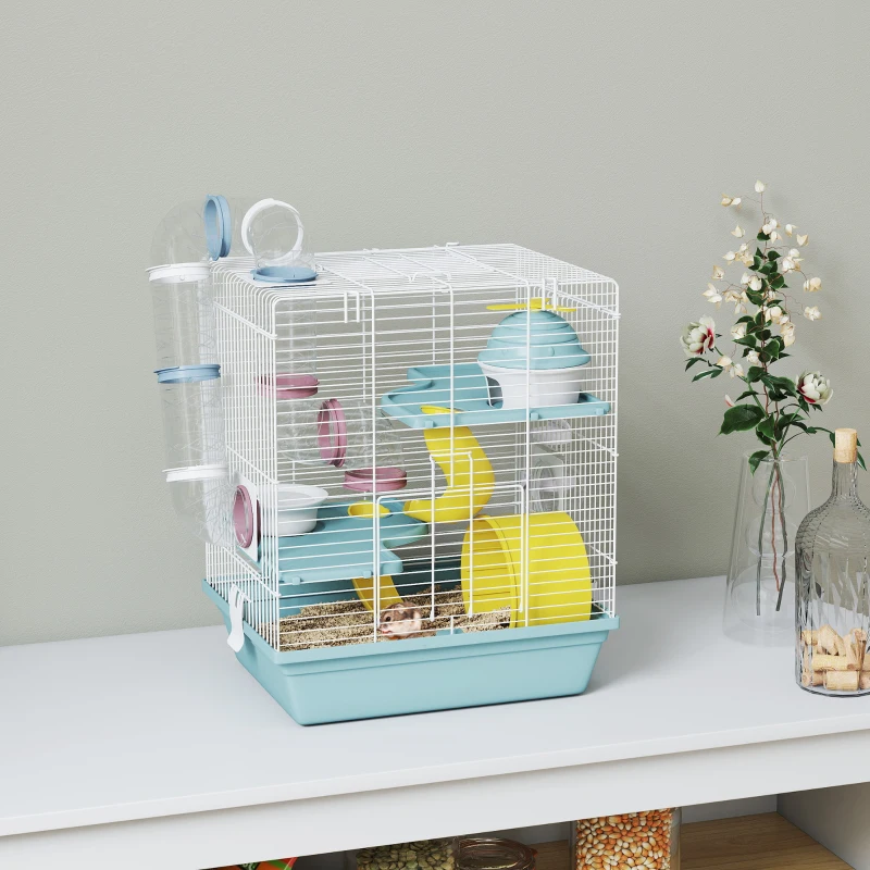 PawHut 3-Level Hamster Cage with Exercise Wheel, Water Bottle, Food Bowl, for Dwarf Hamsters, 34.5 x 27.5 x 41 cm, Blue