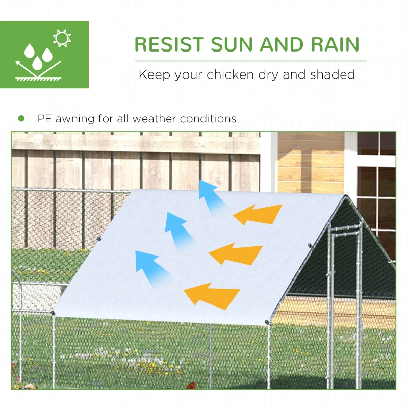 PawHut Chicken Run Galvanised Walk-in Chicken Coop Hen Poultry House Cage Rabbit Hutch with Water-Resist Cover, 3 x 8 x 2m
