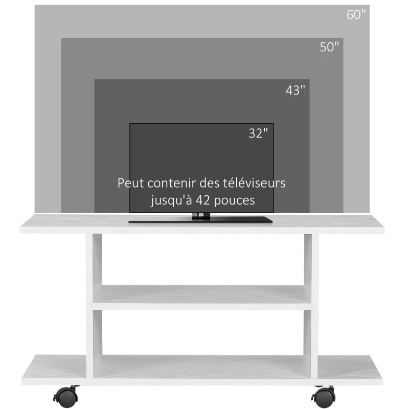 HOMCOM Meuble TV avec Roulettes 80 cm, Meuble Télé pour Téléviseur jusqu'à 42 Pouces avec Étagères Ouvertes, Style Moderne, Banc TV pour Salon, Chambre, Blanc