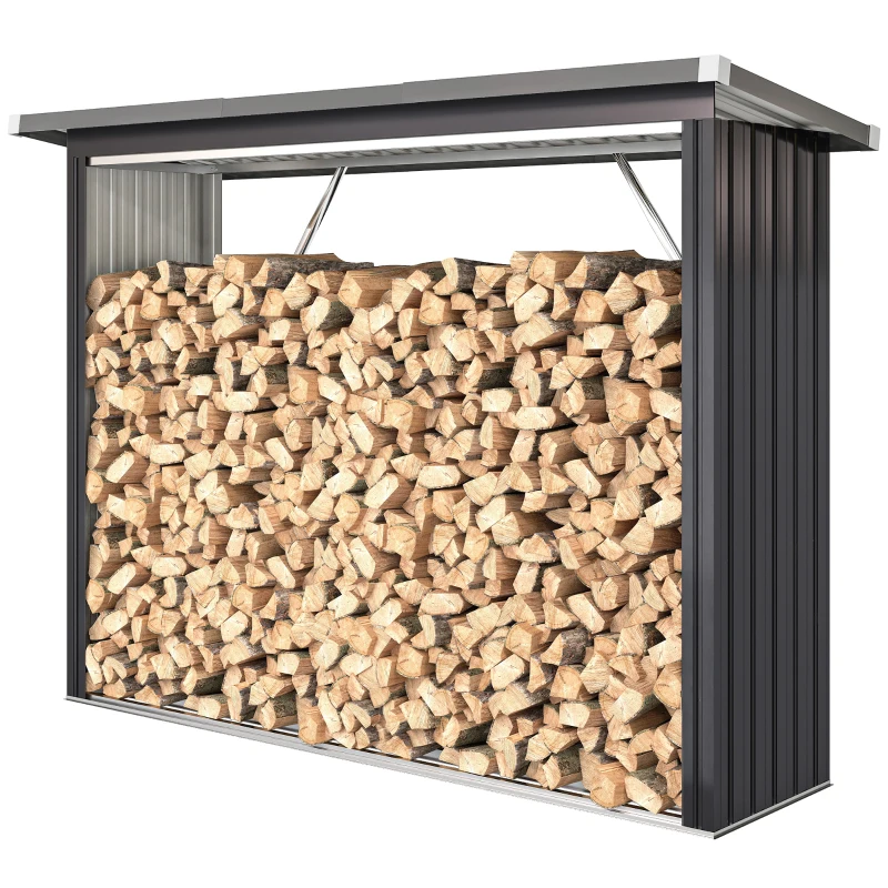 Outsunny Capanno Portalegna in Acciaio da Esterno, Base Rialzata e Tetto Inclinato, 213x66.5x150 cm, Grigio Scuro