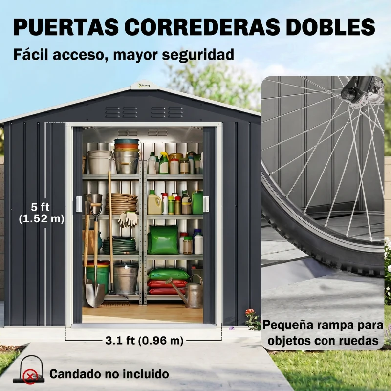 Outsunny Caseta de Jardín 213x130x185 cm con Puertas Correderas y Claraboya para Almacenamiento de Herramientas Gris Oscuro