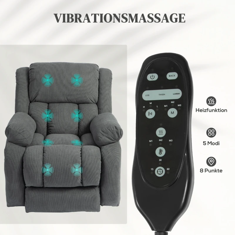 HOMCOM TV-fauteuil met massage- en verwarmingsfunctie, elektrische sta-op fauteuil, afstandsbediening, zijvakken, grijs