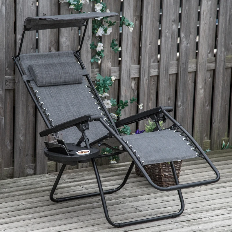 Outsunny Foldable Reclining Garden Chair with Headrest, Zero Gravity Deck Sun Lounger Seat with Footrest, Armrest, Cup Holder & Canopy Shade, Light Grey