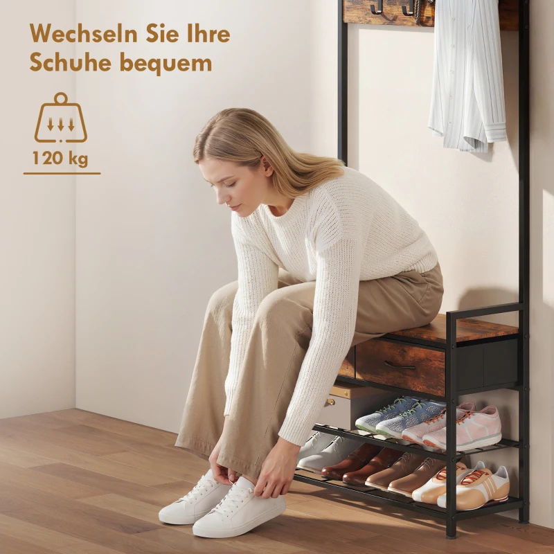 HOMCOM Garderobenständer mit Kleiderhaken, Schuhbank, Industrieller Eingangs-Organizer, Stahlrahmen, Rustikal Braun