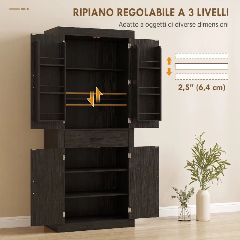 HOMCOM Dispensa Cucina in stile Country con 2 Armadietti, 6 Ripiani e Cassetto, in Legno, 76x39.5x183.5 cm, Nero