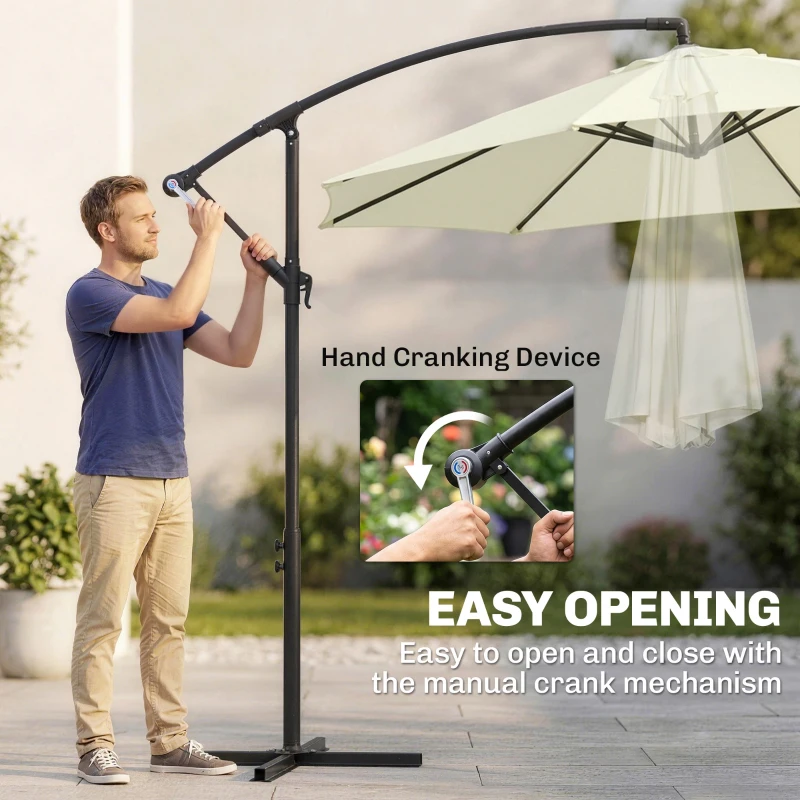 Outsunny 3(m) Garden Banana Parasol Cantilever Umbrella with Crank Handle, Cross Base, Weights and Cover for Outdoor, Hanging Sun Shade, Beige