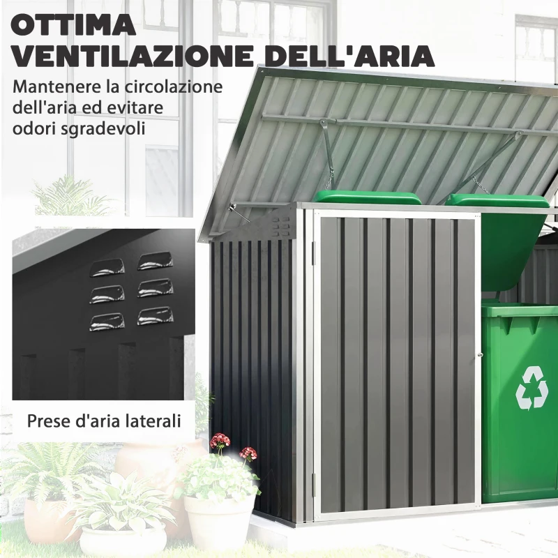 Outsunny Capanno Giardino, Organizer Bidoni Spazzatura Orizzontale, Grigio Scuro