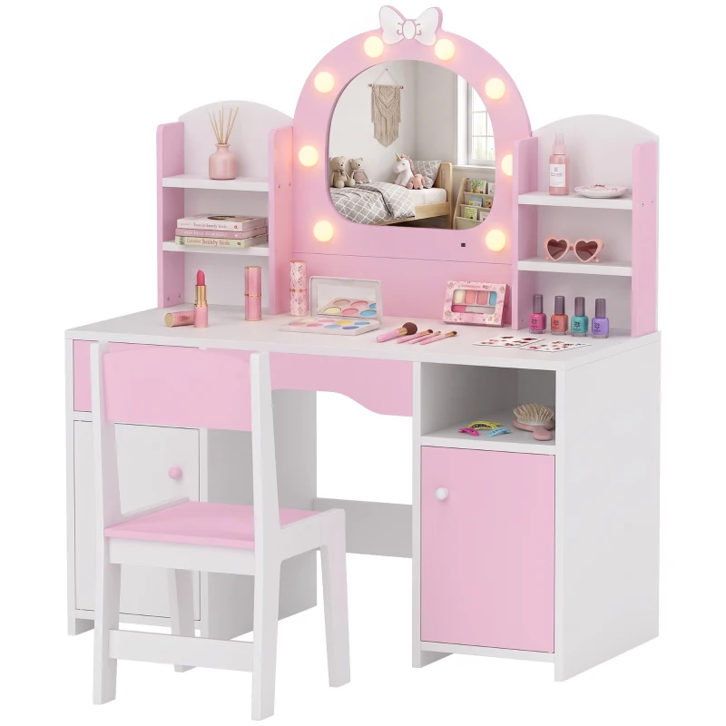 AIYAPLAY Penteadeira Infantil com Espelho LED 2 Cores, Banco, 2 Armários, Gaveta e Prateleiras, Rosa