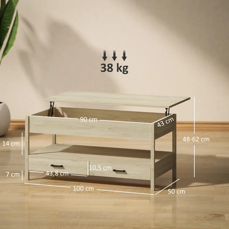 HOMCOM Mesa de Centro Elevable con Almacenamiento Compartimento Oculto Cajones y Estante Abierto 100x50x48-62 cm Roble