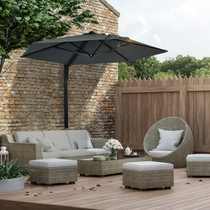 Outsunny 2.5m Wall Mounted Parasol, Hand to Push Outdoor Patio Umbrella with 180 Degree Rotatable Canopy for Porch, Deck, Garden, 250 cm, Dark Grey
