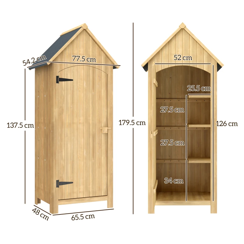Outsunny Capanno da Giardino in Legno con 3 Ripiani e Tetto Impermeabile, 77.5x54.2x179.5 cm, Color Legno