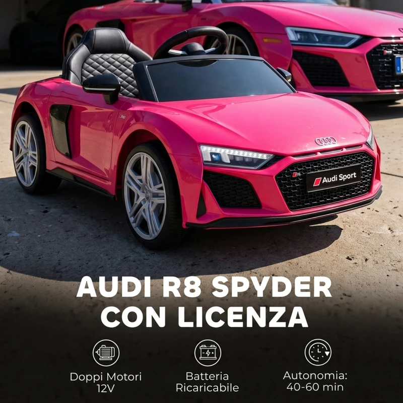 AIYAPLAY Macchina Elettrica per Bambini 3+ Anni 12V Audi R8 Spyder, 3-5 km/h con 2 Motori e Telecomando, Rosa