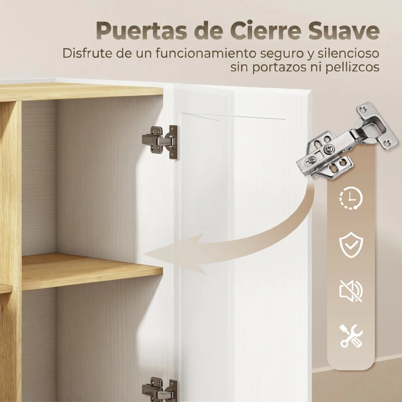 HOMCOM Aparador Moderno con 2 Estantes Abiertos y 2 Puertas de Cierre Suave para Comedor Salón 133x35x79,7 cm Natural y Blanco