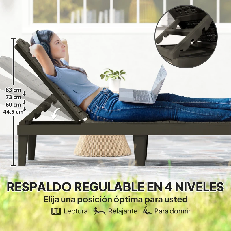 Outsunny Pack de 2 Tumbonas de Jardín Exterior Tumbonas Reclinables de PP Respaldo Ajustable Resistentes a la Intemperie Negro