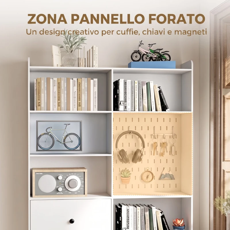 HOMCOM Libreria Doppia a 6 Livelli con Cassetti e Pannello Forato, 120x30x200 cm, Bianco