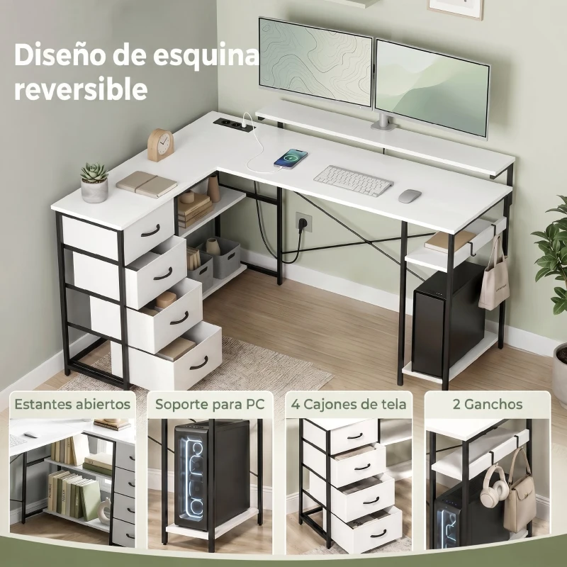 HOMCOM Escritorio en L Reversible con 4 Cajones de Tela 2 Enchufes y 2 Puertos USB Soporte para Monitor 155x112 cm Blanco