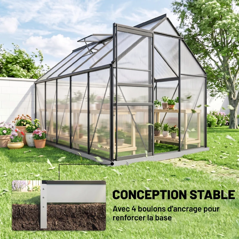 Outsunny Serre de jardin en aluminium polycarbonate avec fondation, serre avec fenêtre réglable porte coulissante 190x375x199cm
