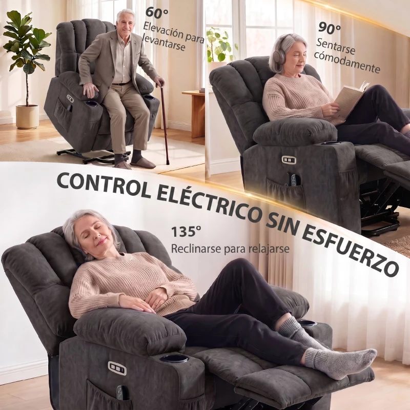 HOMCOM Sillón Relax Reclinable Eléctrico Levanta Personas Masaje Vibratorio y Calor Asiento Ancho USB-C USB-A Bolsillos Negro