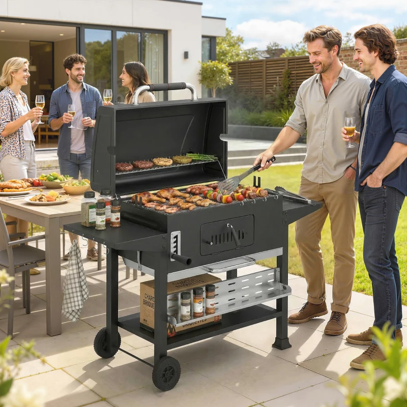 Outsunny Charcoal BBQ Grill Smoker with Electric Rotisserie Kit, Portable Barbecue Grill with Warming Rack, Black