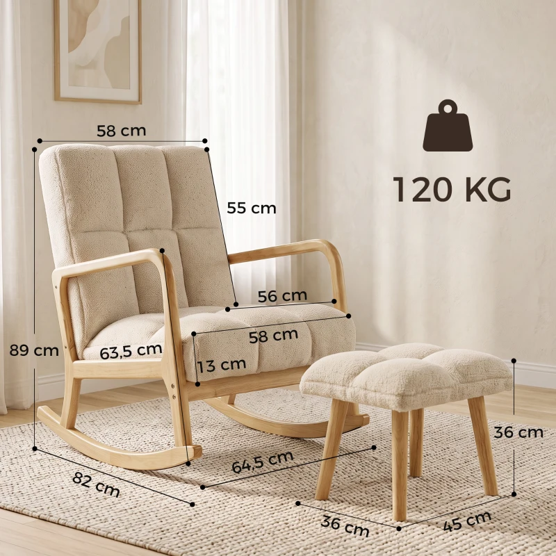 HOMCOM Poltrona a dondolo con poggiapiedi in tessuto bouclette, 64,5x82x89 cm, beige