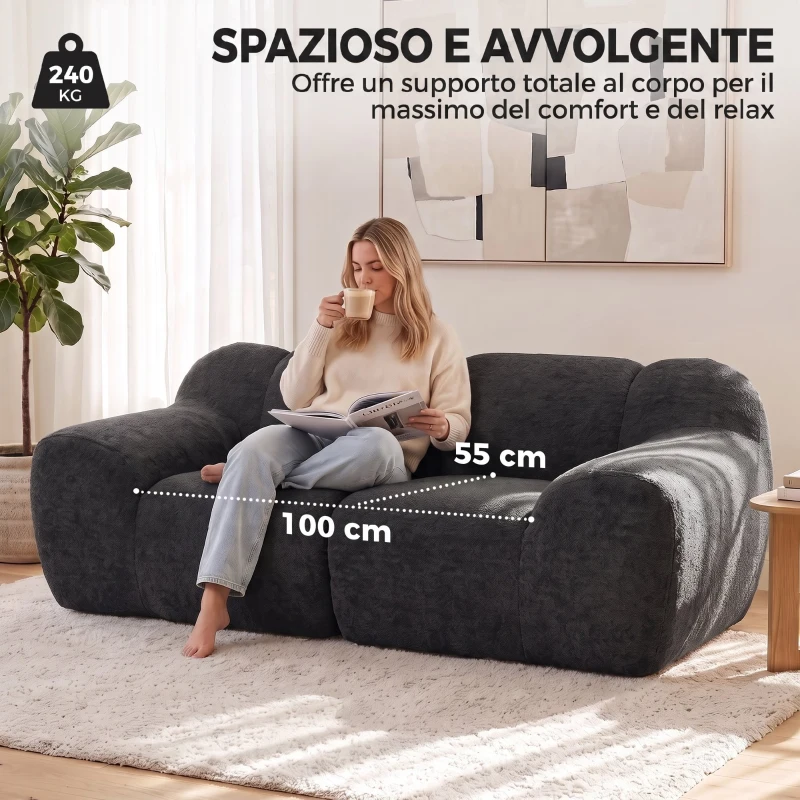 HOMCOM Divano 2 Posti in Ciniglia Senza Struttura, Seduta Ampia, 174x91x61 cm, Grigio Scuro