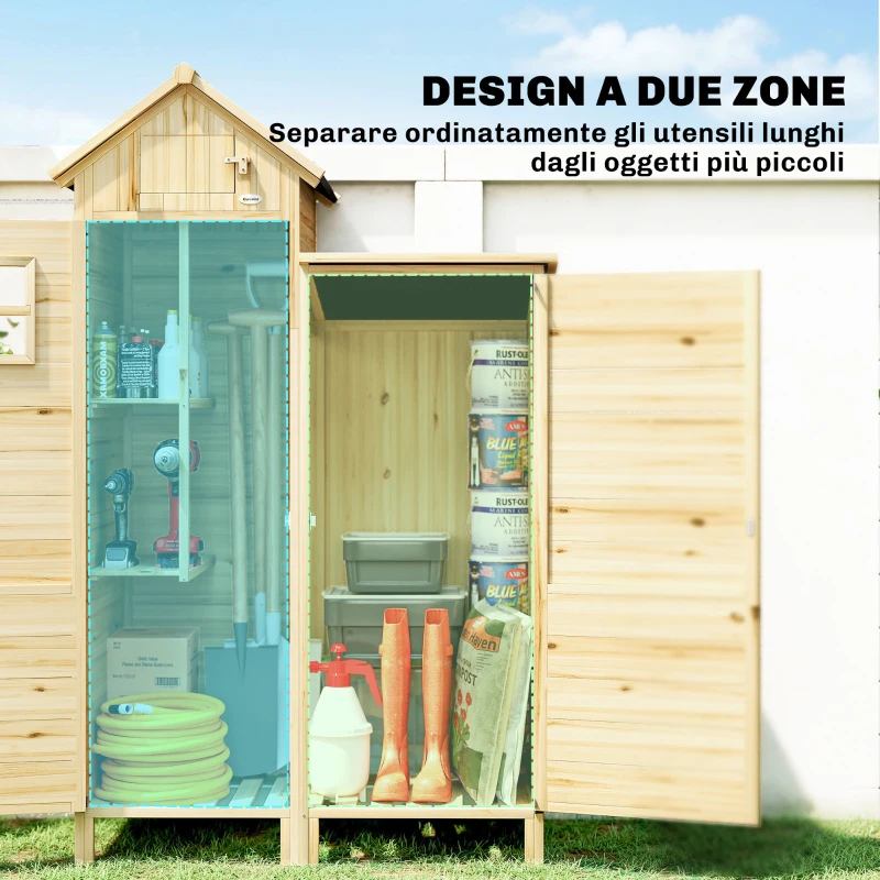 Outsunny Capanno per Attrezzi a 2 Zone con Ripiani Regolabili e Finestra, in Legno di Abete, 106x57x167 cm, Color Legno