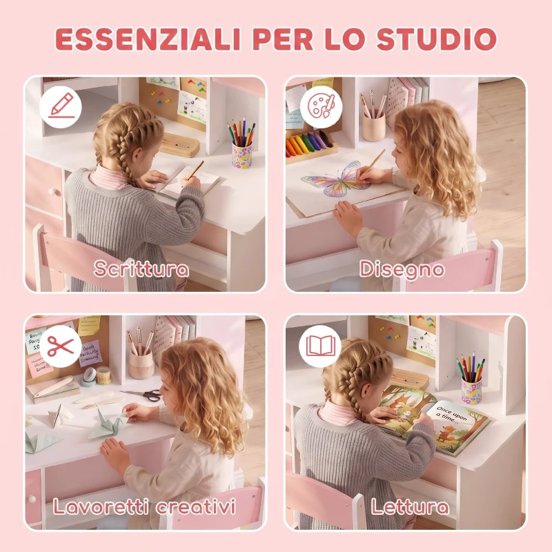 AIYAPLAY Set Scrivania e Sedia per Bambini 5-12 Anni con Libreria, Portapenne, Supporto Regolabile per Tablet, Rosa