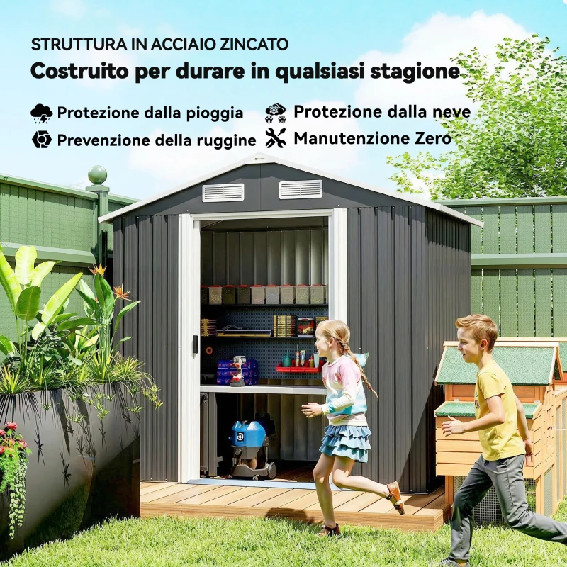 Outsunny Capanno da Giardino in Acciaio con 2 Porte Scorrevoli, Nero, 2,6 m²
