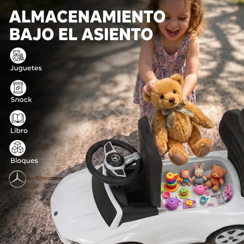 AIYAPLAY Correpasillos Bebés 3 en 1 Mercedes-Benz con Barra de Empuje Capota Barandilla de Seguridad Música 12-36 Meses Blanco