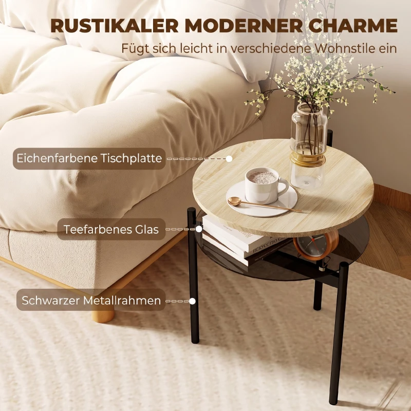 HOMCOM Ronde bijzettafel met open glazen legplank voor kleine ruimtes, 41,8 x 39,8 x 53,5 cm, eiken