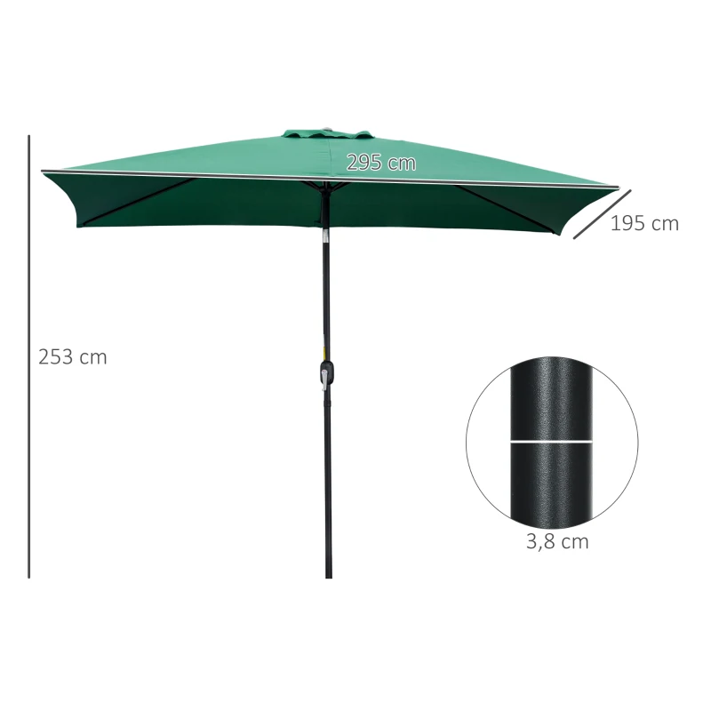 Outsunny Ombrellone Rettangolare 2x3 m Pieghevole e Regolabile con Manovella, in Alluminio e Poliestere, Verde e Nero