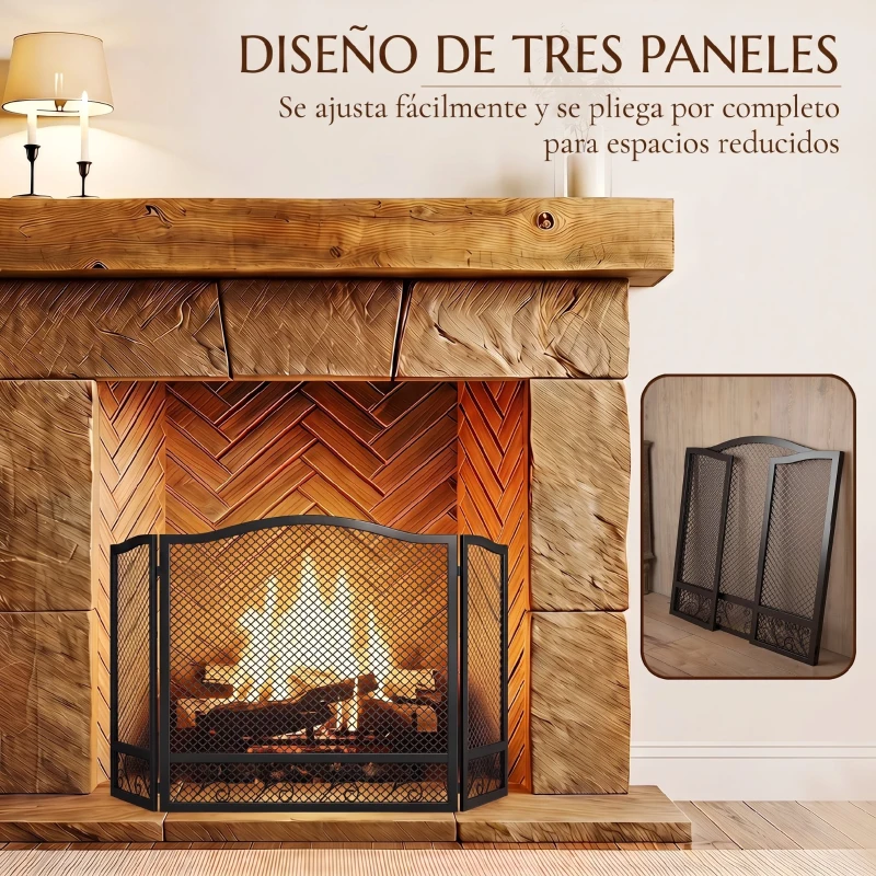 HOMCOM Salvachispas para Chimenea Plegable de 3 Paneles de Metal con Diseño Floral para Hogar 107x60 cm Negro