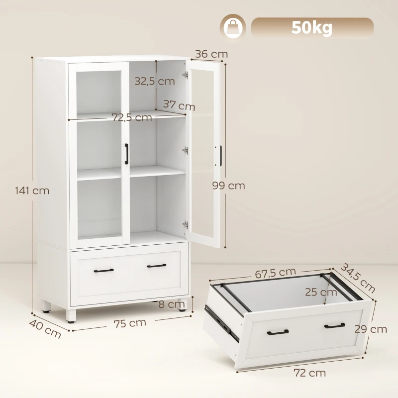 HOMCOM Arquivador com Portas de Vidro e Gaveta, Armário de Escritório com Barras Ajustáveis para Arquivo, 75x40x141 cm, Branco
