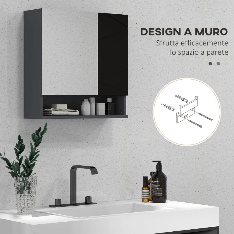 kleankin Armadietto con Specchiera Bagno a 2 Ante e Mensole Regolabili in Legno, 55x17x55cm, Nero