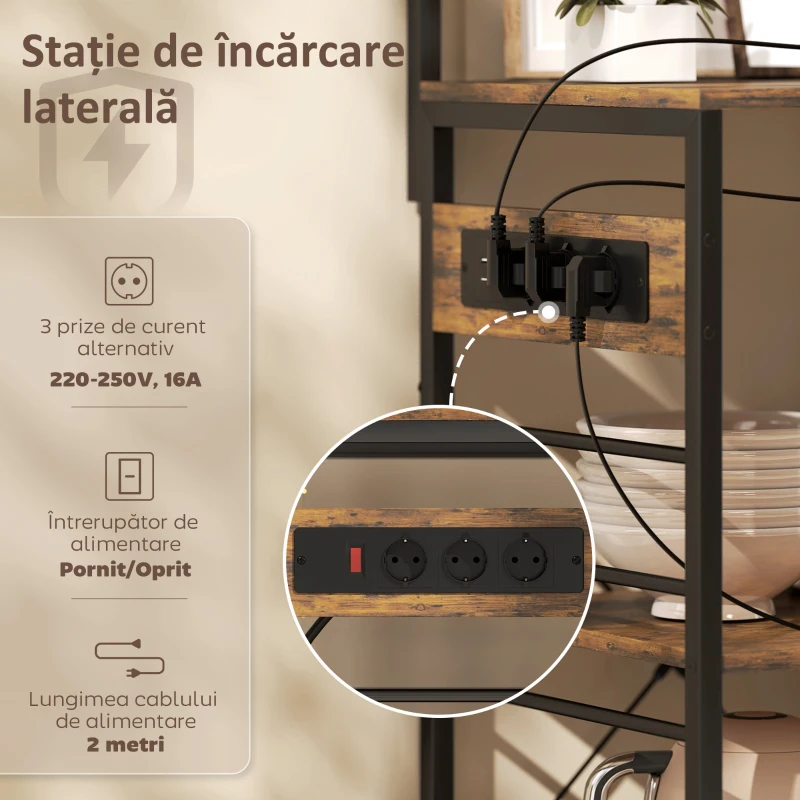 HOMCOM Scaffale Bucătărie Con Prize E Led, Struttura In Oțel, Marrone Rustic