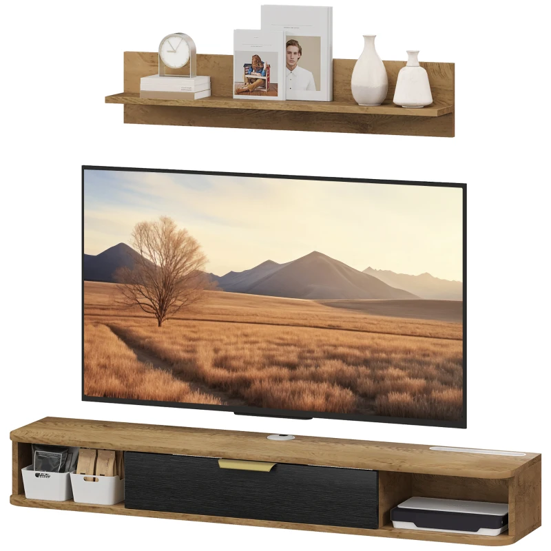HOMCOM Conjunto de Muebles de Salón Muebles de TV con Estante de Pared Compartimentos Orificios para Cables 120x24x16 cm Roble