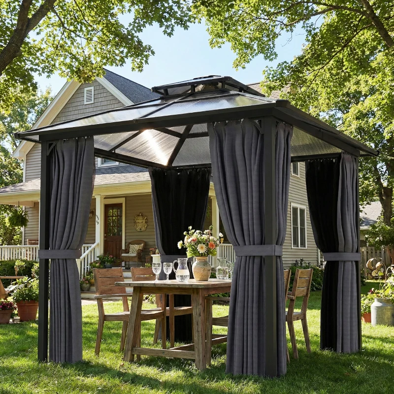 Outsunny 2.5 x 2.5 m Hardtop Gazebo Canopy with Double PC Roof, Drainage Gutters, Garden Gazebo Permanent Pavilion, Dark Grey
