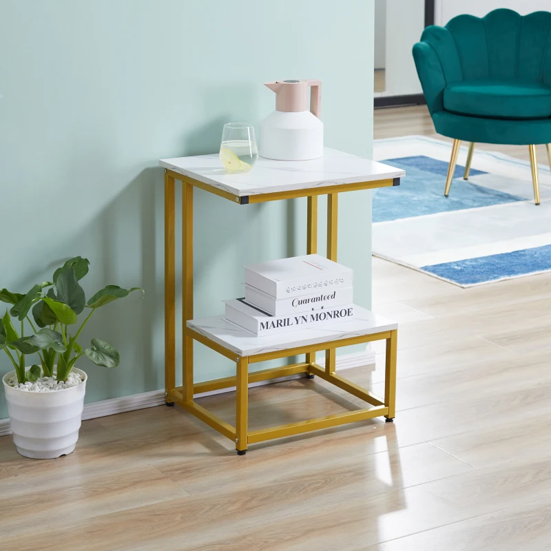 HOMCOM Table basse moderne salon table d'appoint chambre guéridon bout de canapé design structure acier doré plateau étagère aspect marbre blanc