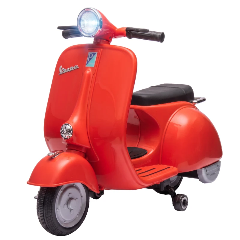 AIYAPLAY Moto Eléctrica para Niños Licencia VESPA Arranque Suave Ruedines Desmontables Luz Delantera Música, Bocina USB Rojo