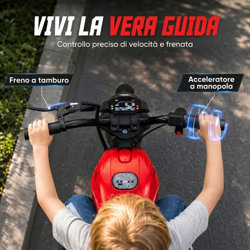 AIYAPLAY Moto da Cross Elettrica per Bambini 24V Motore 180W, 6-12 Anni, Pneumatici 30cm in Gomma, Rossa