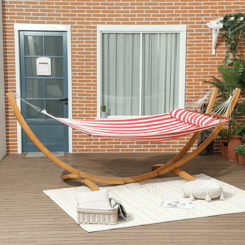 Outsunny Hamac sur pied 1 place, hamac avec support en bois oreiller de tête, lit en coton, 310x118x120cm, rouge et blanche