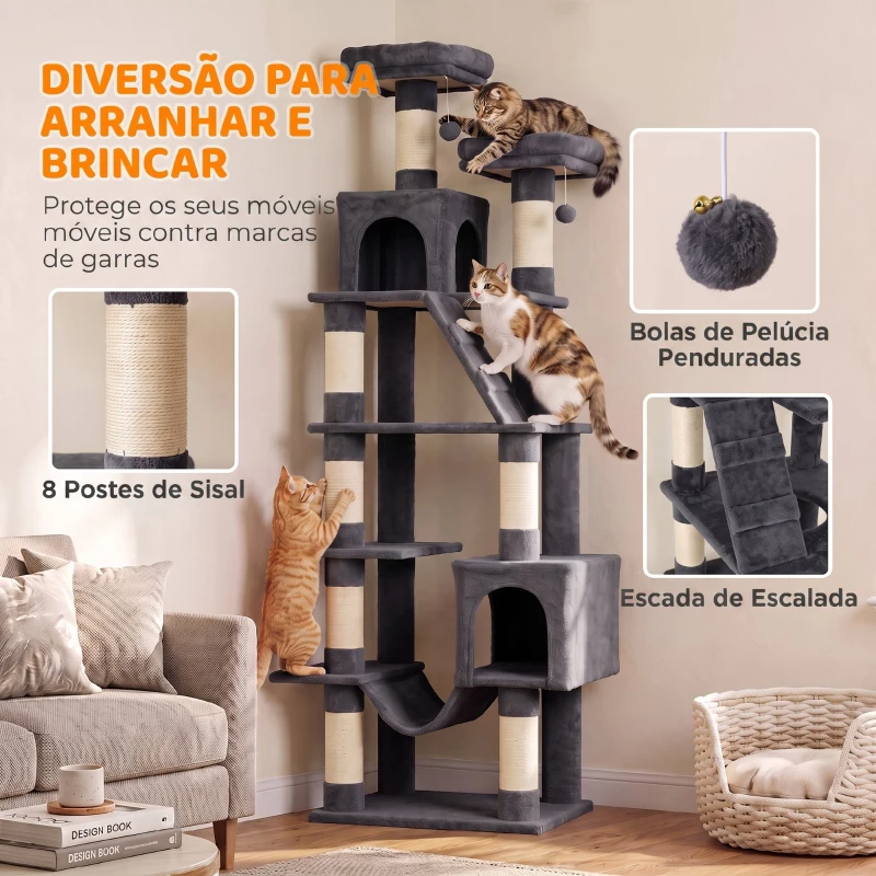 PawHut Árvore Arranhadora para Gatos 204 cm Multinível com 2 Tocas, Rede, 2 Camas, Postes de Sisal, Escada e 2 Bolas, Cinzento-Escuro