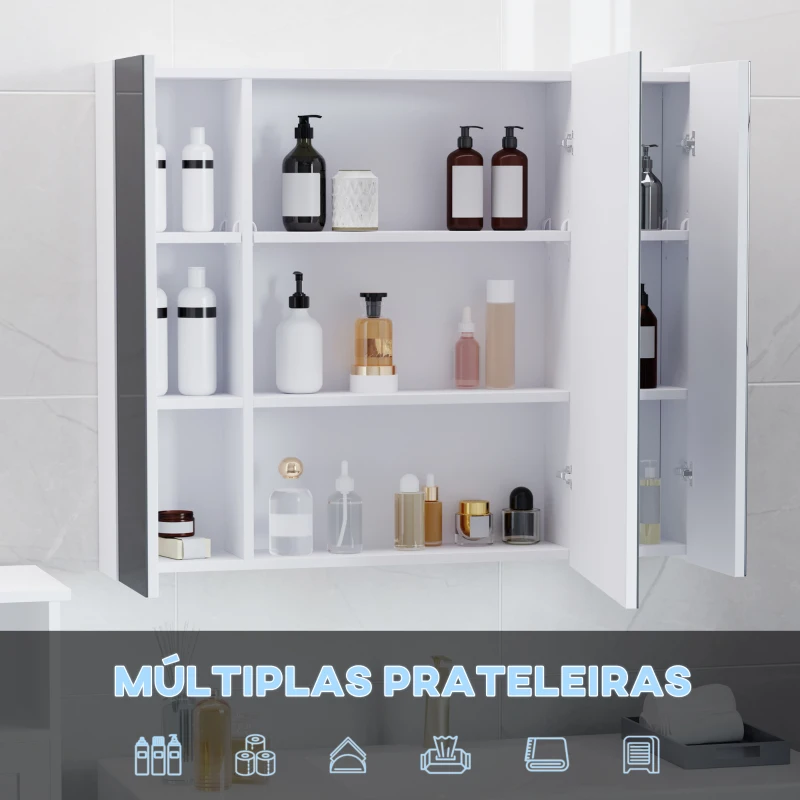 kleankin Armário Casa de Banho com Espelho e Luzes LED Armário com Espelho Casa de Banho com Prateleiras Ajustáveis e USB 90x15x75 cm Branco