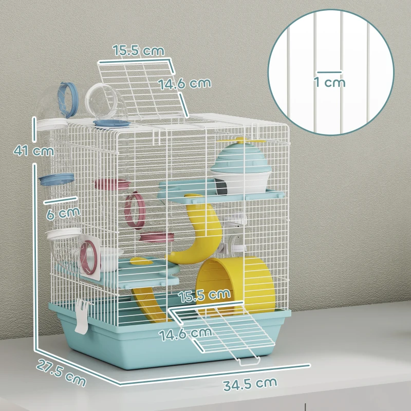 PawHut 3-Level Hamster Cage with Exercise Wheel, Water Bottle, Food Bowl, for Dwarf Hamsters, 34.5 x 27.5 x 41 cm, Blue