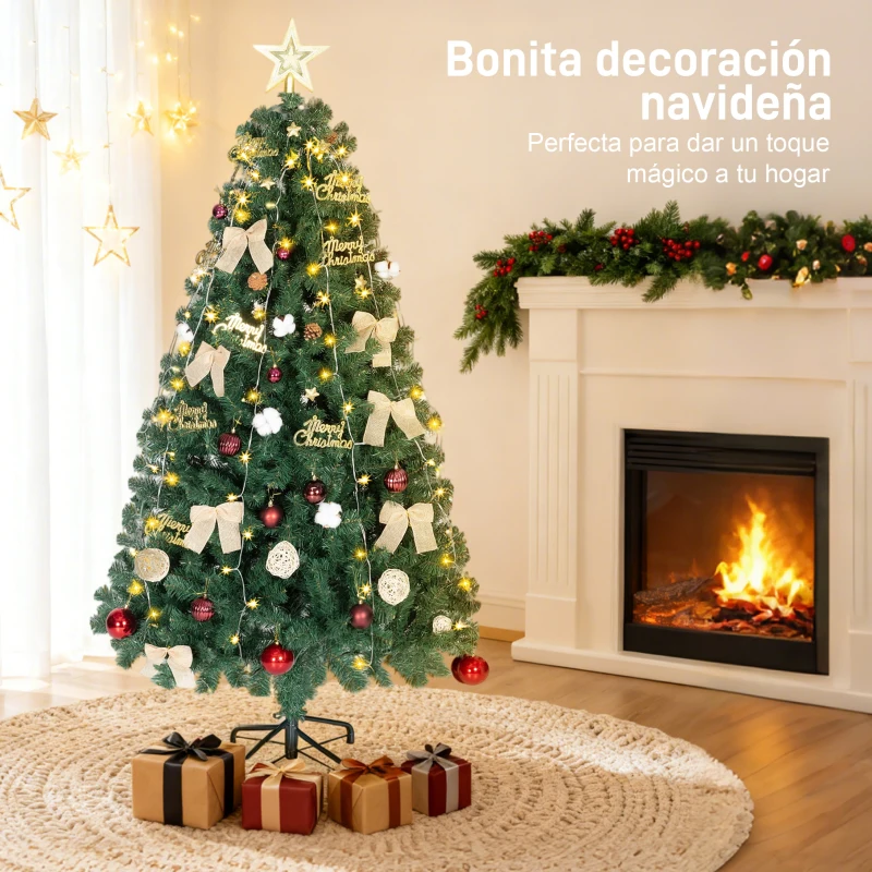 HOMCOM Árbol de Navidad 180 cm con Adornos 200 Luces LED Blanco Cálido 8 Modos de Iluminación 650 Ramas Verde