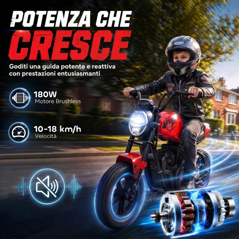 AIYAPLAY Moto da Cross Elettrica per Bambini 24V Motore 180W, 6-12 Anni, Pneumatici 30cm in Gomma, Rossa
