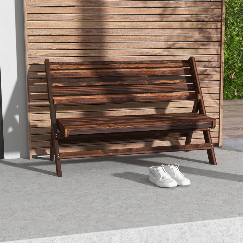 Outsunny Panchina da Giardino 2 Posti Pieghevole a Doghe in Legno di Pino, 122x63x83 cm, Carbonizzato