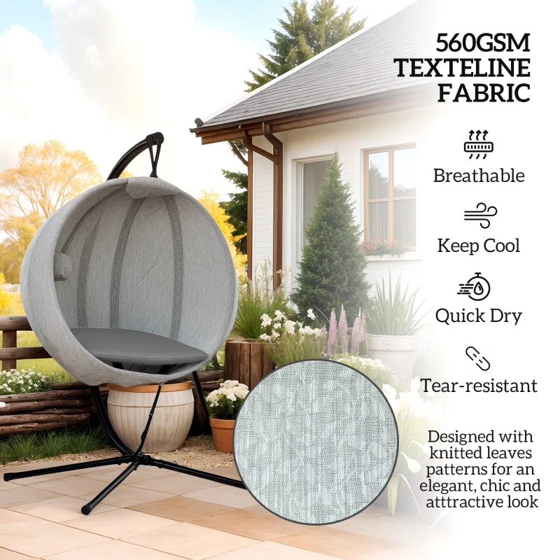 Outsunny Hanging Egg Chair Outdoor Indoor Garden Swing Chair with Folding Basket, Thickened Cushion, Cup Holder for Patio, Balcony, Grey