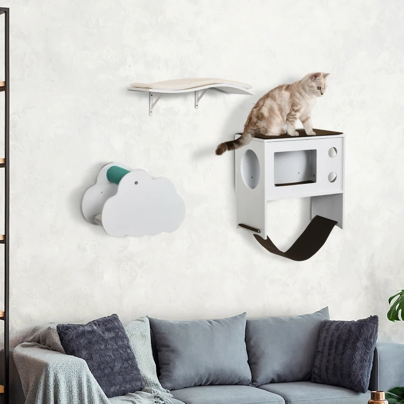 PawHut Juego de Escalada para Gatos de Pared de 3 Piezas con Caseta Plataformas Hamaca y Poste de Sisal Blanco