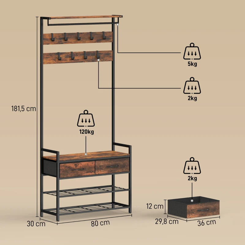 HOMCOM Porte-Manteau 5 en 1, Banc, Tringle, 10 Crochets Amovibles, 2 Tiroirs, Étagère à Chaussures, 80x30x181,5cm Brun Rustique